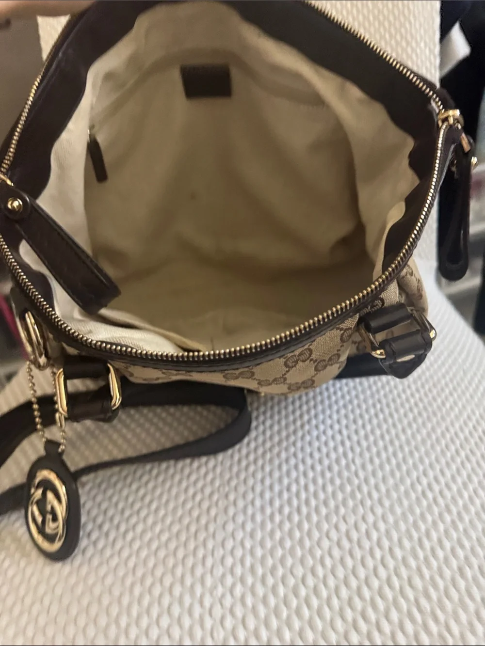 Gucci Beige Brown GG Canvas Satchel with Dark Brown Leather Trim